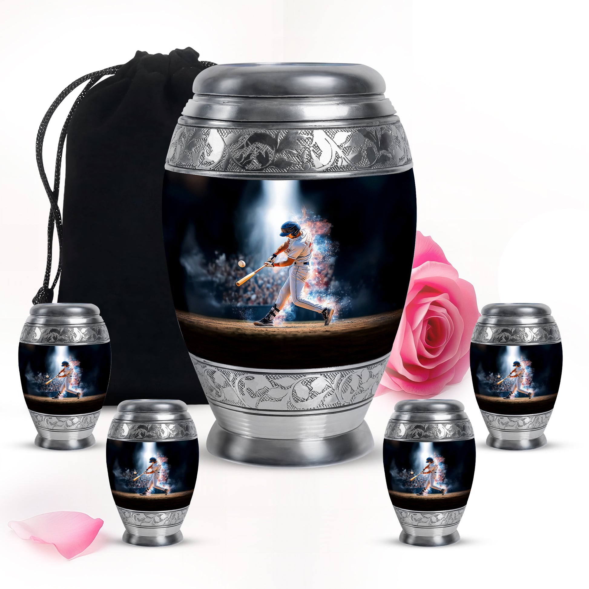 Charcoal Black Baseball Cremation Urn detail view - royal baseball engraving with decorative scrollwork - memorial set with one large and four small urns