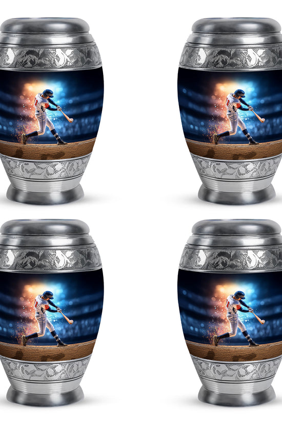 Sapphire Blue Baseball Cremation Urn urn with complimentary velvet bag - royal baseball engraving with decorative scrollwork - 10 inch aluminum urn for cremated remains