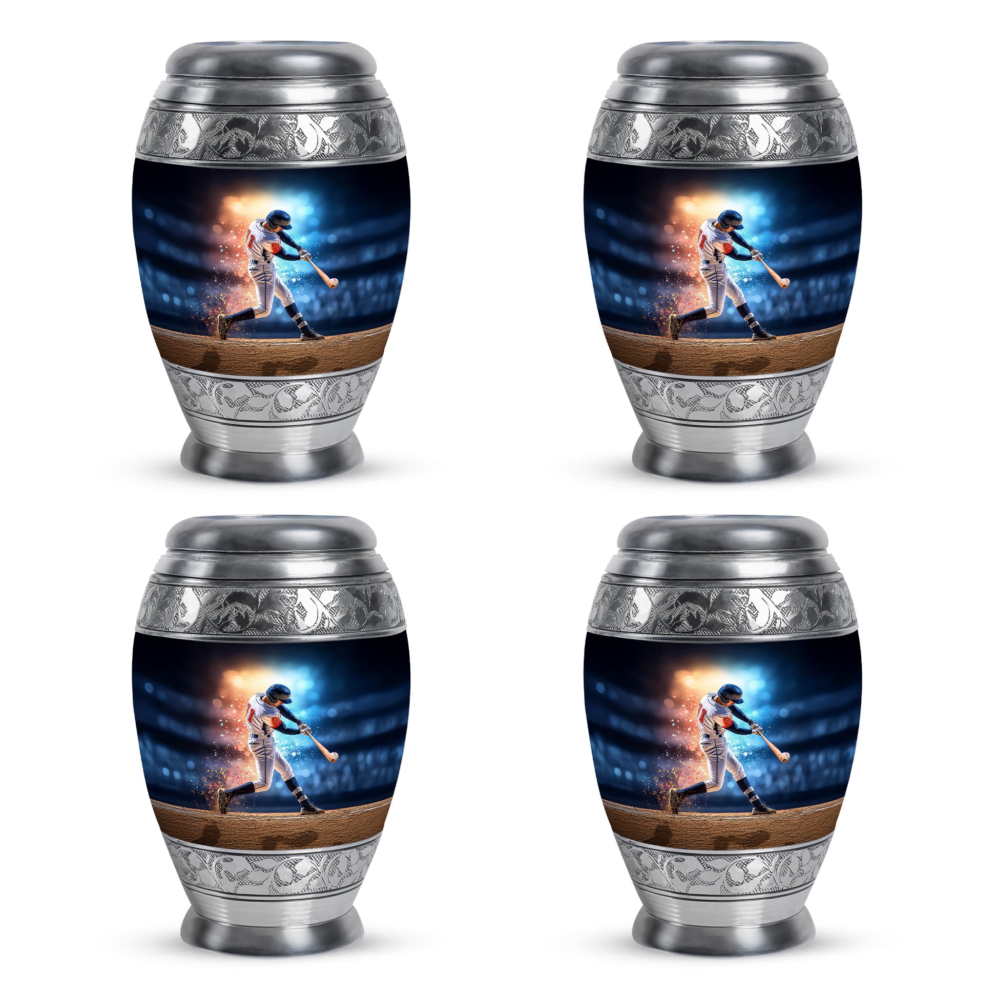 Sapphire Blue Baseball Cremation Urn urn with complimentary velvet bag - royal baseball engraving with decorative scrollwork - 10 inch aluminum urn for cremated remains