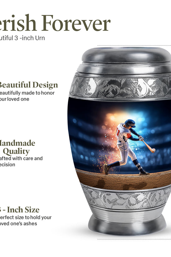 Indigo Baseball Cremation Urn lifestyle display on memorial shelf - ornate monarch-style baseball relief on brushed aluminum - mini keepsake memorial for portion of cremation ashes
