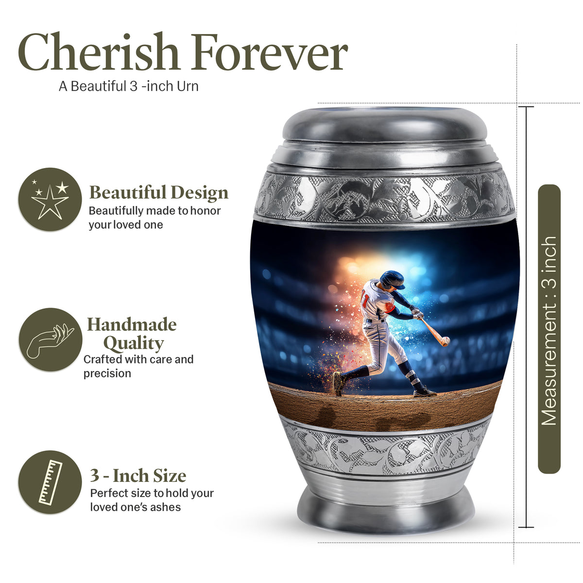 Indigo Baseball Cremation Urn lifestyle display on memorial shelf - ornate monarch-style baseball relief on brushed aluminum - mini keepsake memorial for portion of cremation ashes