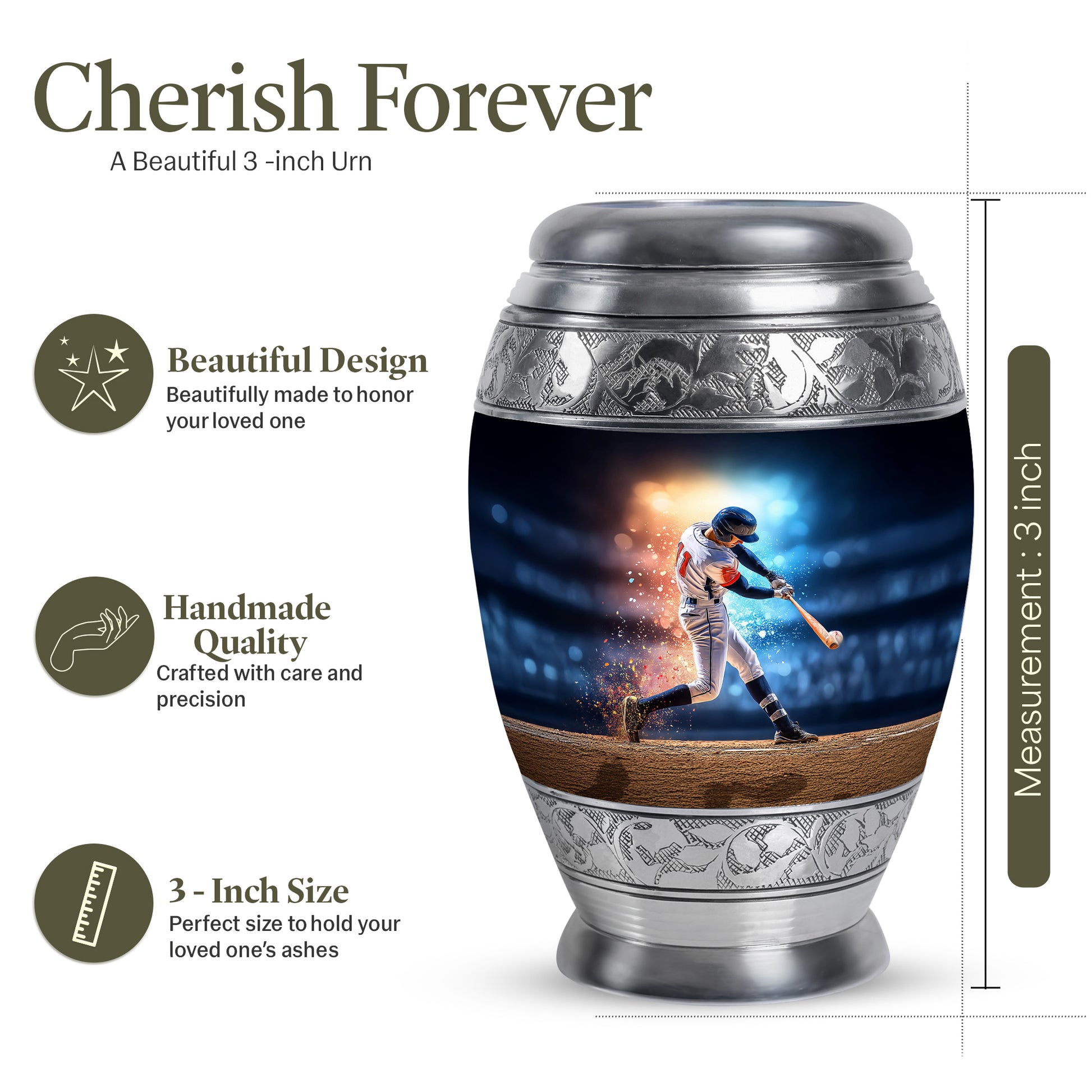 Indigo Baseball Cremation Urn lifestyle display on memorial shelf - ornate monarch-style baseball relief on brushed aluminum - mini keepsake memorial for portion of cremation ashes