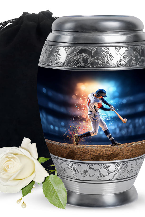 Icy Blue Baseball Cremation Urn back view with polished surface - regal baseball design with crown-inspired accents - full-size 10 inch 200 cubic inch adult cremation urn