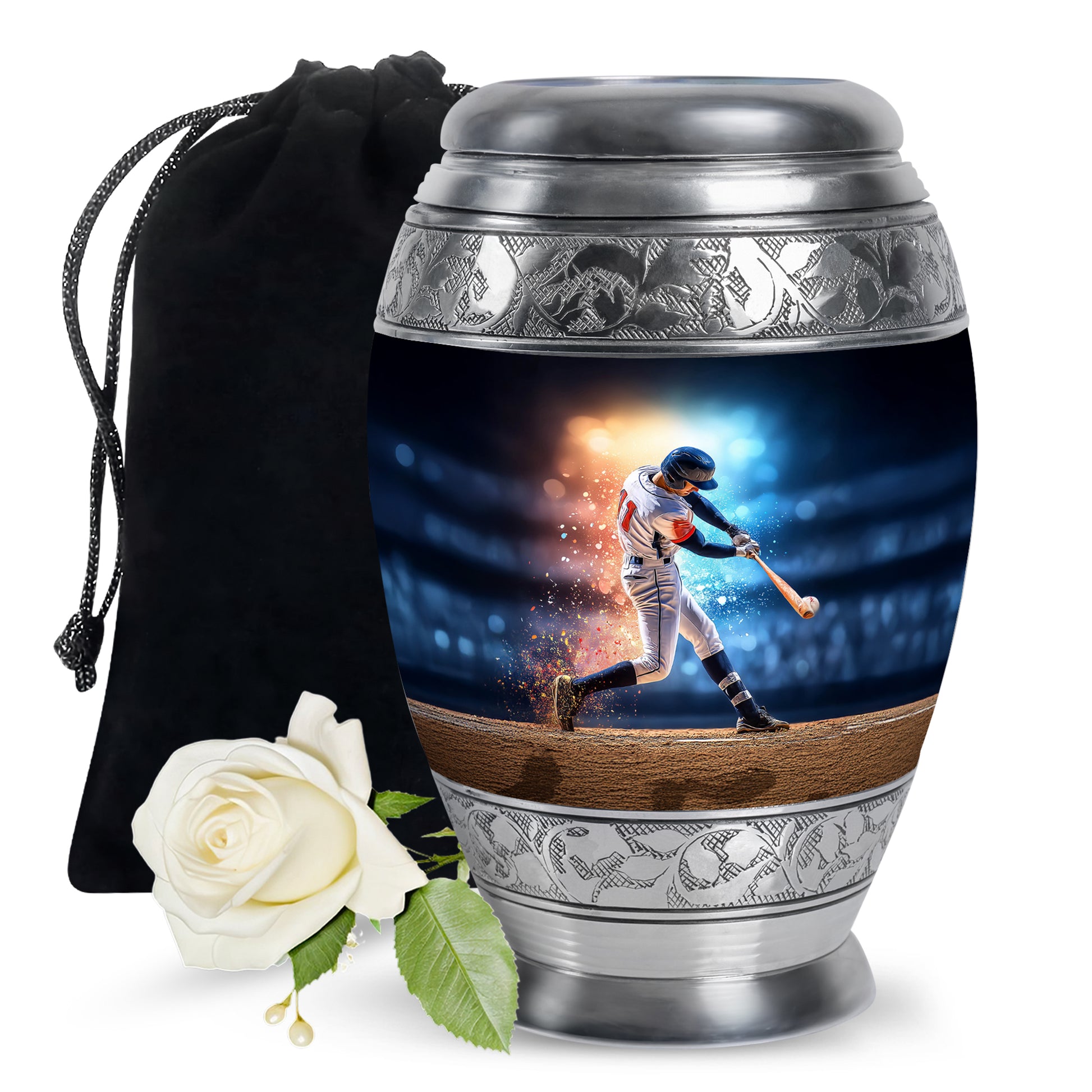 Icy Blue Baseball Cremation Urn back view with polished surface - regal baseball design with crown-inspired accents - full-size 10 inch 200 cubic inch adult cremation urn