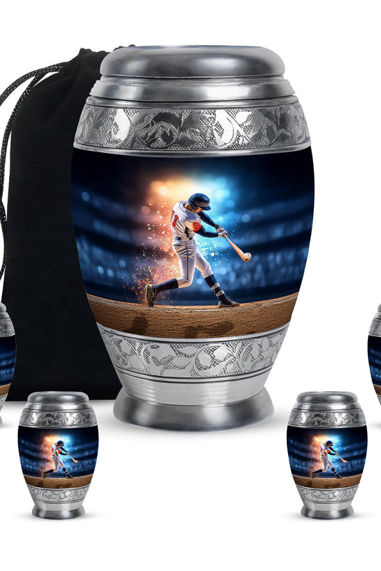 Azure Baseball Cremation Urn detail view - regal baseball design with crown-inspired accents - memorial set with one large and four small urns