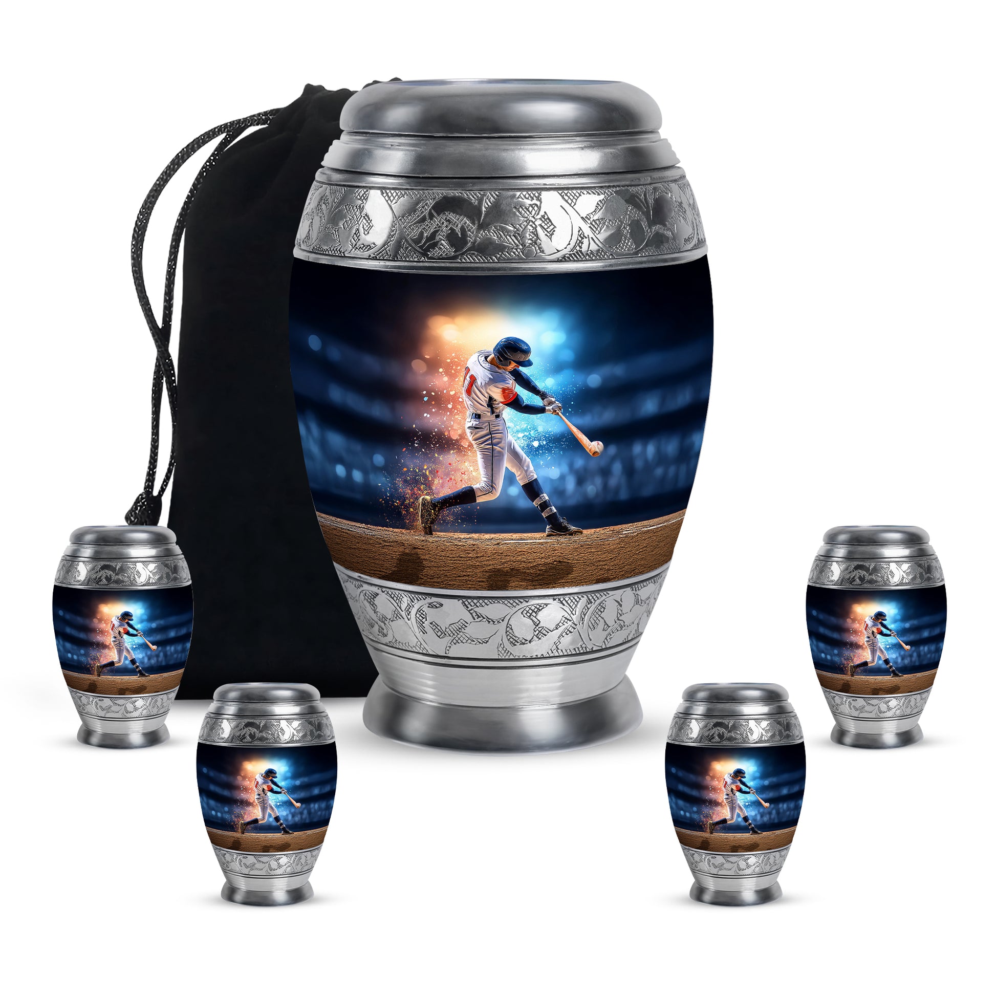 Azure Baseball Cremation Urn detail view - regal baseball design with crown-inspired accents - memorial set with one large and four small urns