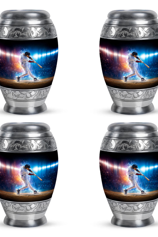 Midnight Black Baseball Cremation Urn urn with complimentary velvet bag - majestic baseball pattern with filigree border - 10 inch aluminum urn for cremated remains