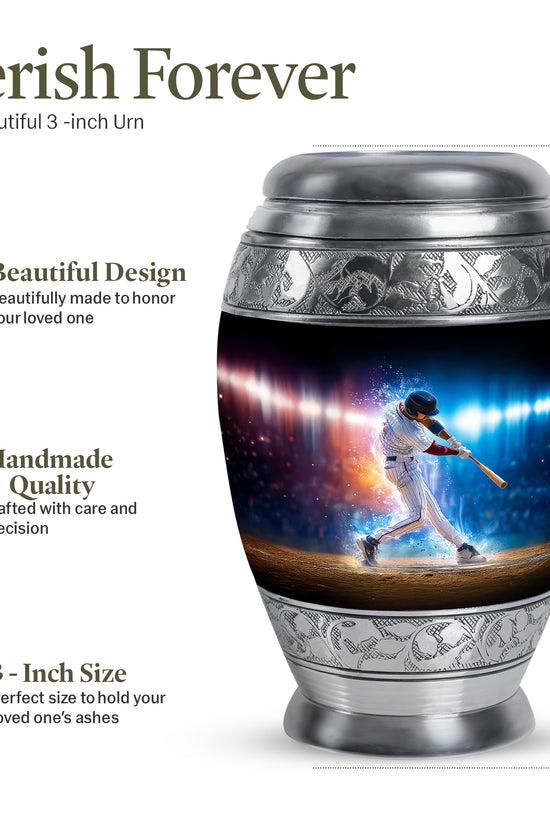 Charcoal Black Baseball Cremation Urn lifestyle display on memorial shelf - royal baseball engraving with decorative scrollwork - mini keepsake memorial for portion of cremation ashes