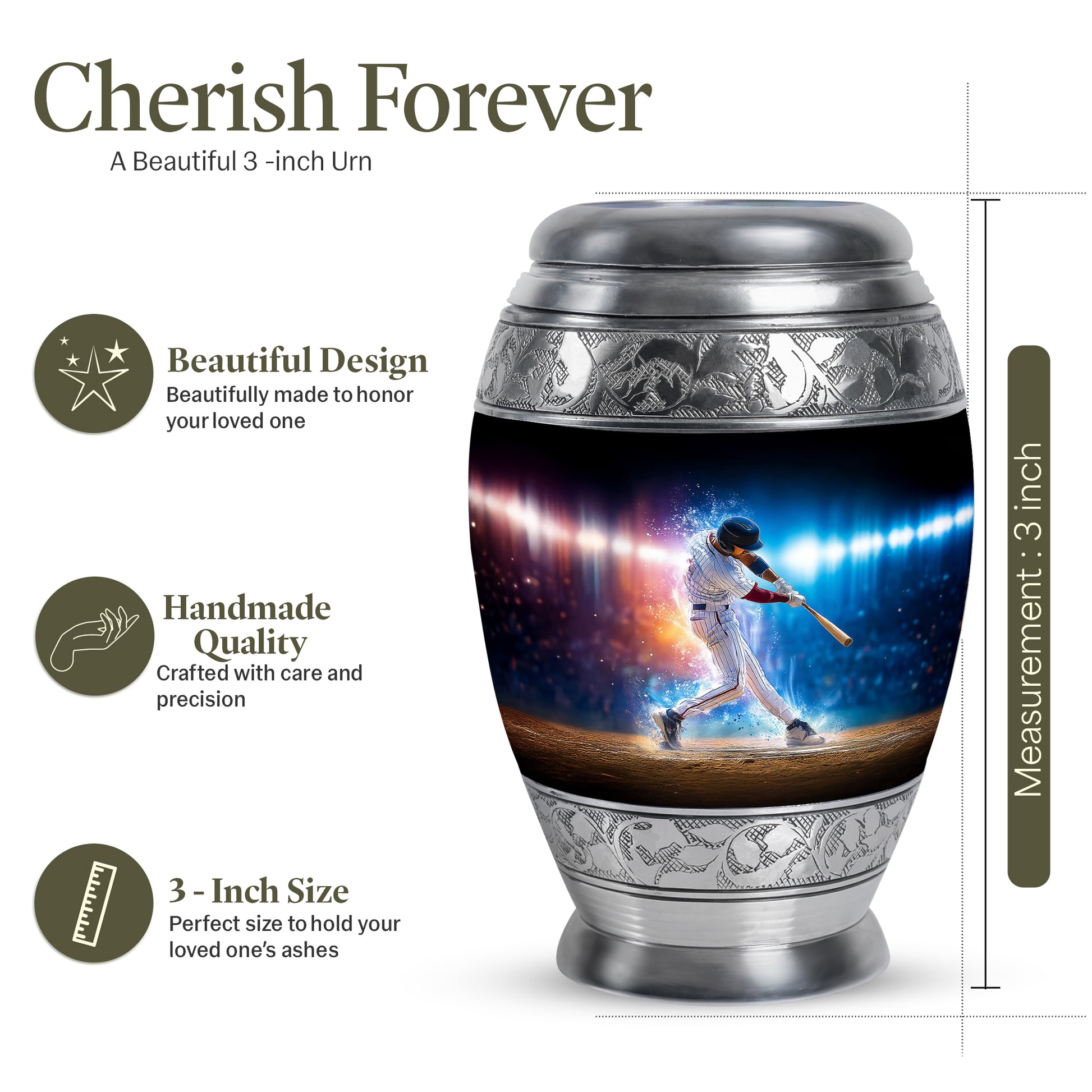 Charcoal Black Baseball Cremation Urn lifestyle display on memorial shelf - royal baseball engraving with decorative scrollwork - mini keepsake memorial for portion of cremation ashes