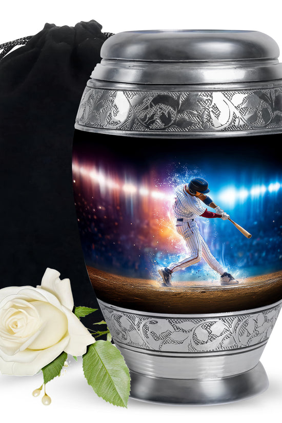 Obsidian Black Baseball Cremation Urn back view with polished surface - royal baseball engraving with decorative scrollwork - full-size 10 inch 200 cubic inch adult cremation urn