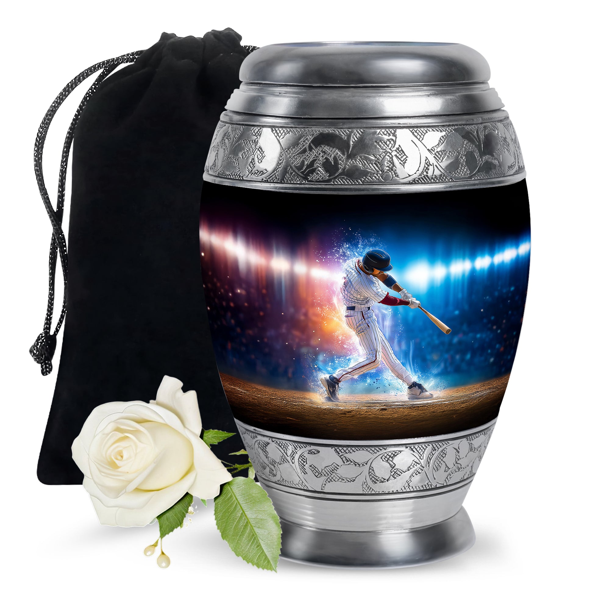 Obsidian Black Baseball Cremation Urn back view with polished surface - royal baseball engraving with decorative scrollwork - full-size 10 inch 200 cubic inch adult cremation urn