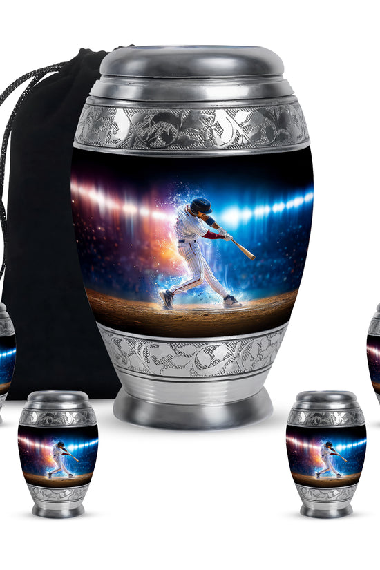 Deep Black Baseball Cremation Urn detail view - regal baseball design with crown-inspired accents - memorial set with one large and four small urns