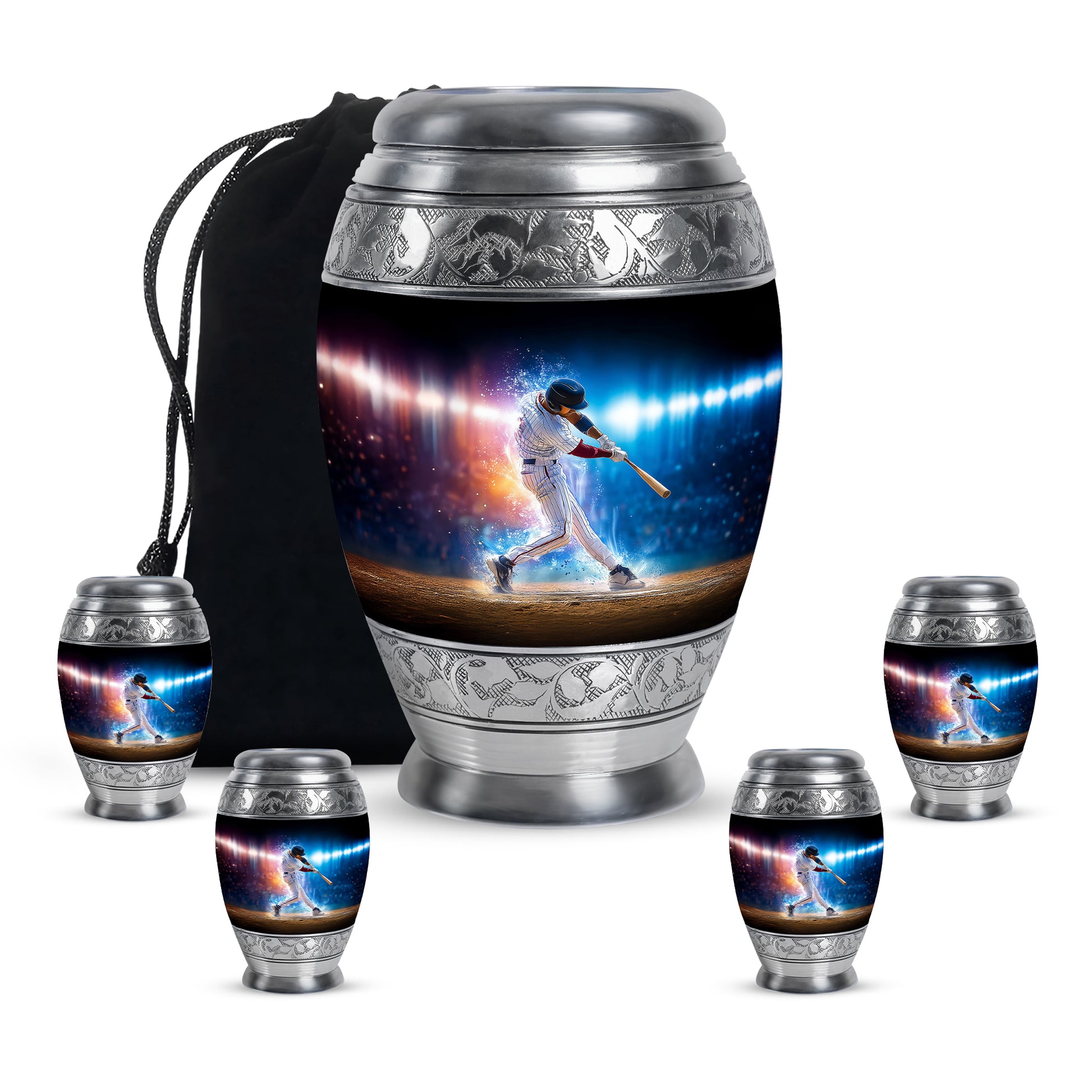 Deep Black Baseball Cremation Urn detail view - regal baseball design with crown-inspired accents - memorial set with one large and four small urns
