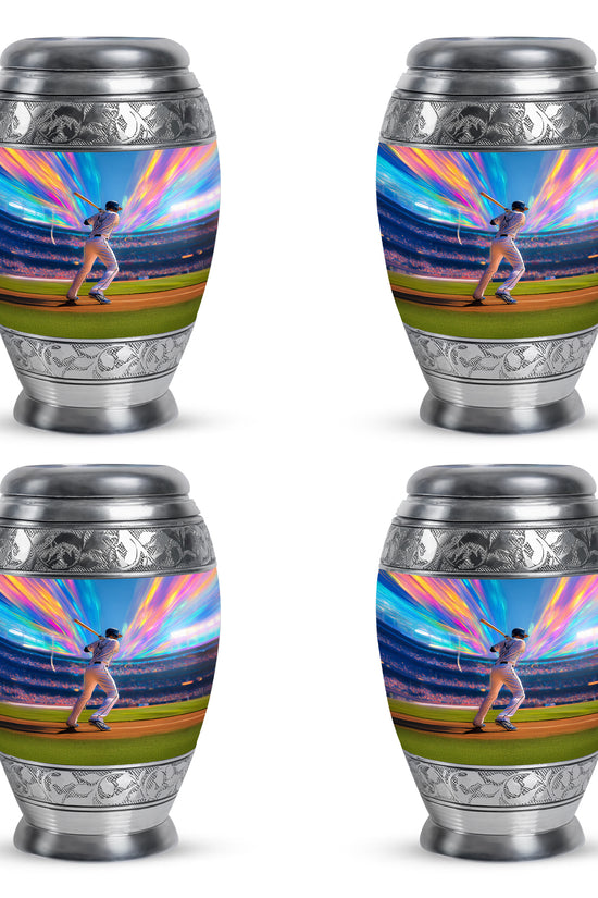 Misty Blue Baseball Cremation Urn urn with complimentary velvet bag - regal baseball design with crown-inspired accents - 10 inch aluminum urn for cremated remains