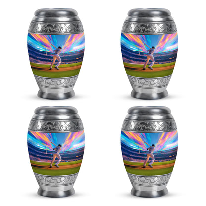 Misty Blue Baseball Cremation Urn urn with complimentary velvet bag - regal baseball design with crown-inspired accents - 10 inch aluminum urn for cremated remains