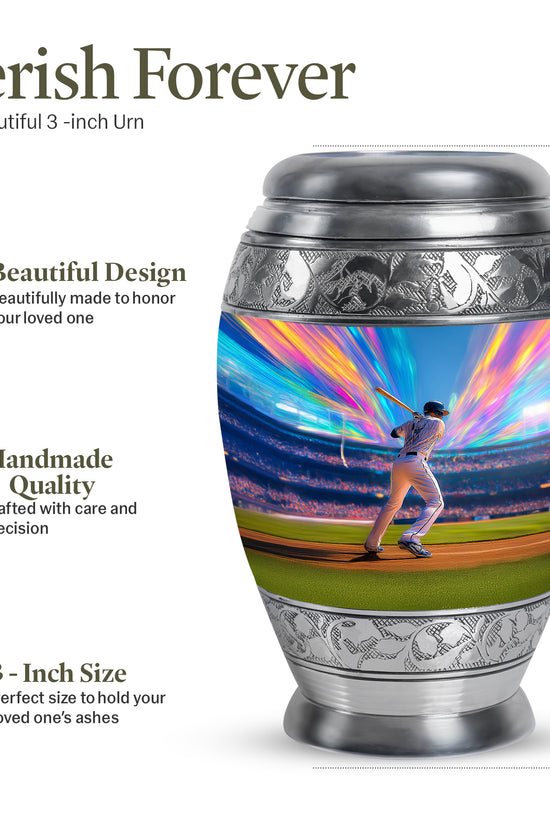 Steel Blue Baseball Cremation Urn lifestyle display on memorial shelf - royal baseball engraving with decorative scrollwork - mini keepsake memorial for portion of cremation ashes