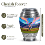Steel Blue Baseball Cremation Urn lifestyle display on memorial shelf - royal baseball engraving with decorative scrollwork - mini keepsake memorial for portion of cremation ashes