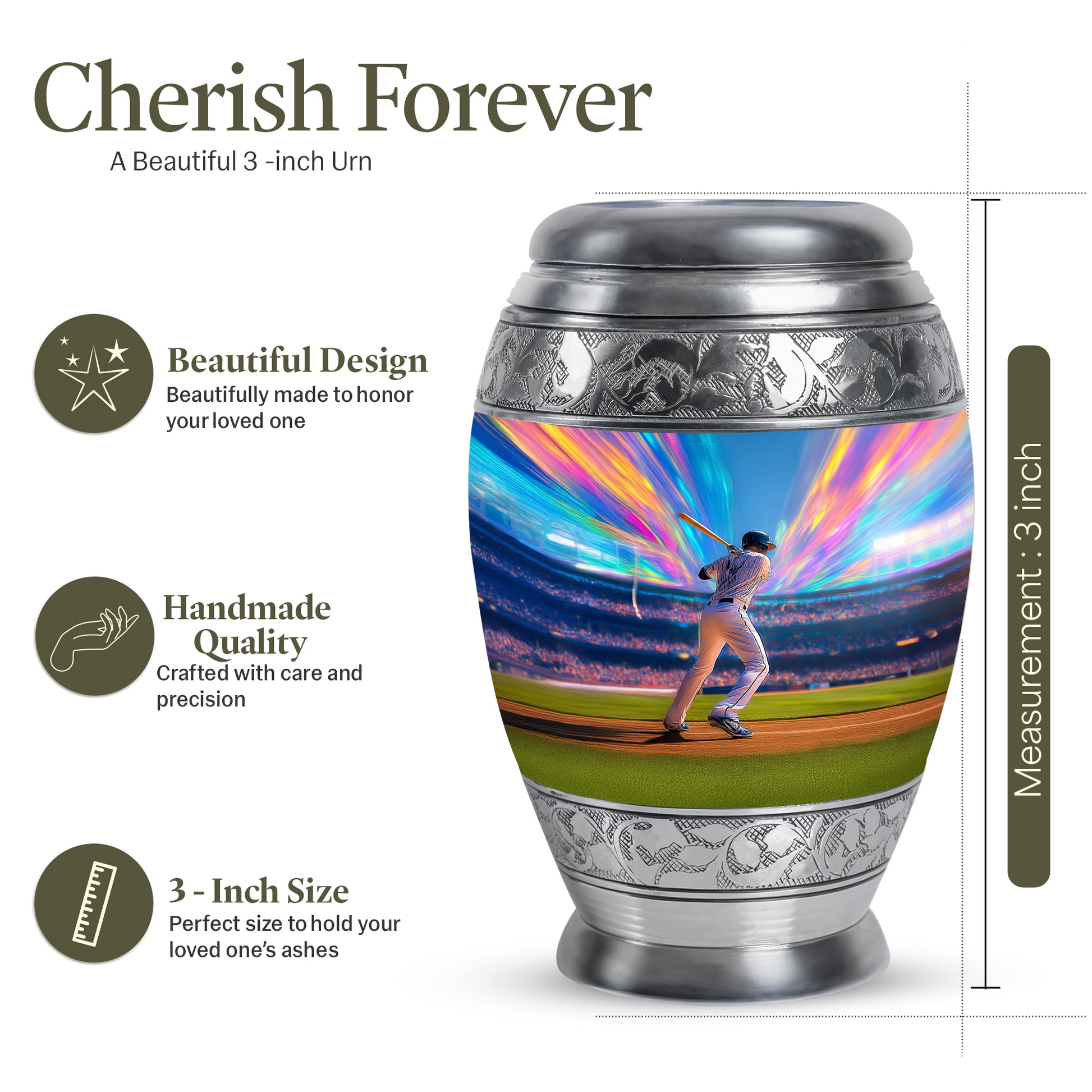 Steel Blue Baseball Cremation Urn lifestyle display on memorial shelf - royal baseball engraving with decorative scrollwork - mini keepsake memorial for portion of cremation ashes