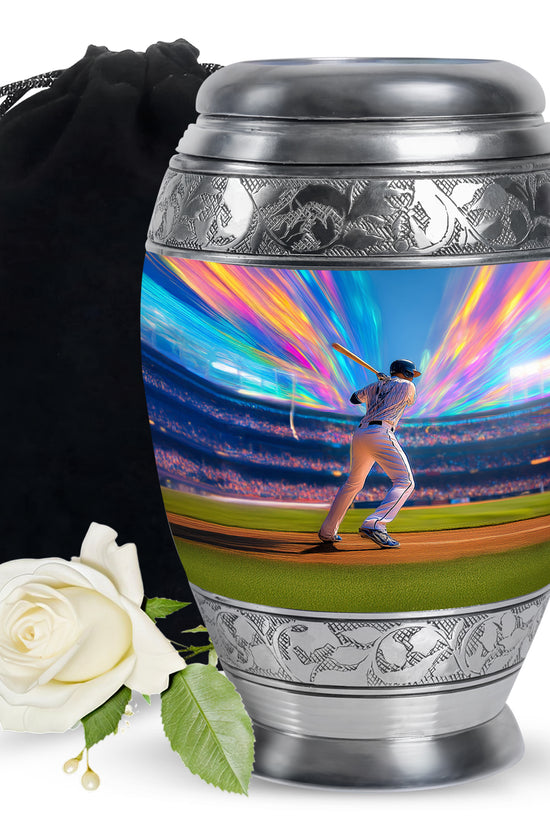 Indigo Baseball Cremation Urn back view with polished surface - regal baseball design with crown-inspired accents - full-size 10 inch 200 cubic inch adult cremation urn