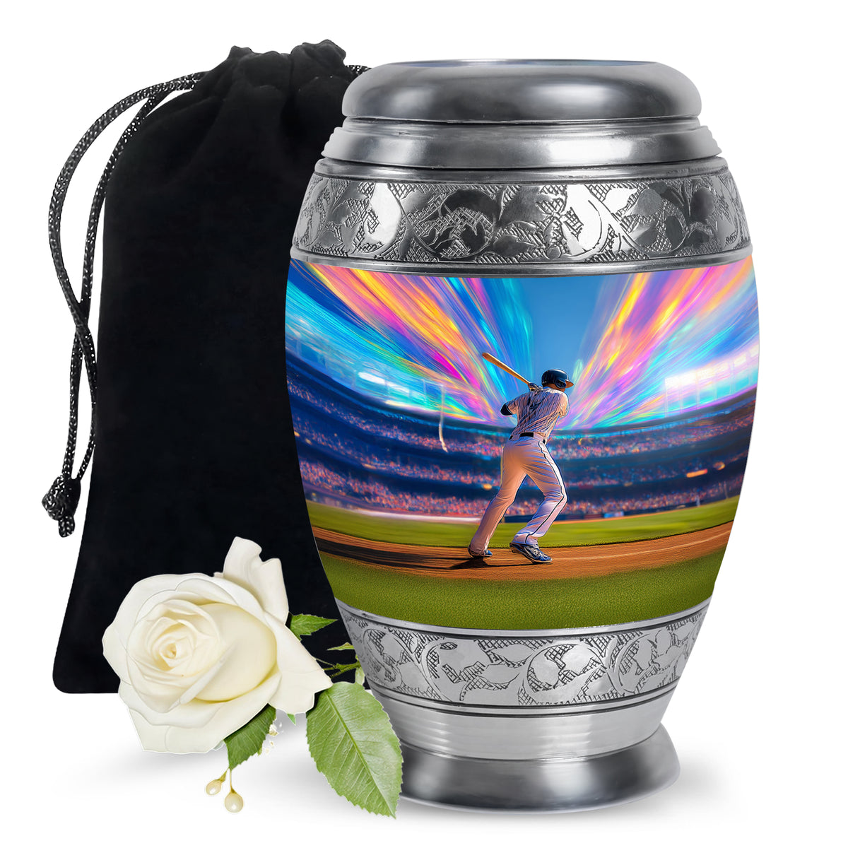 Indigo Baseball Cremation Urn back view with polished surface - regal baseball design with crown-inspired accents - full-size 10 inch 200 cubic inch adult cremation urn