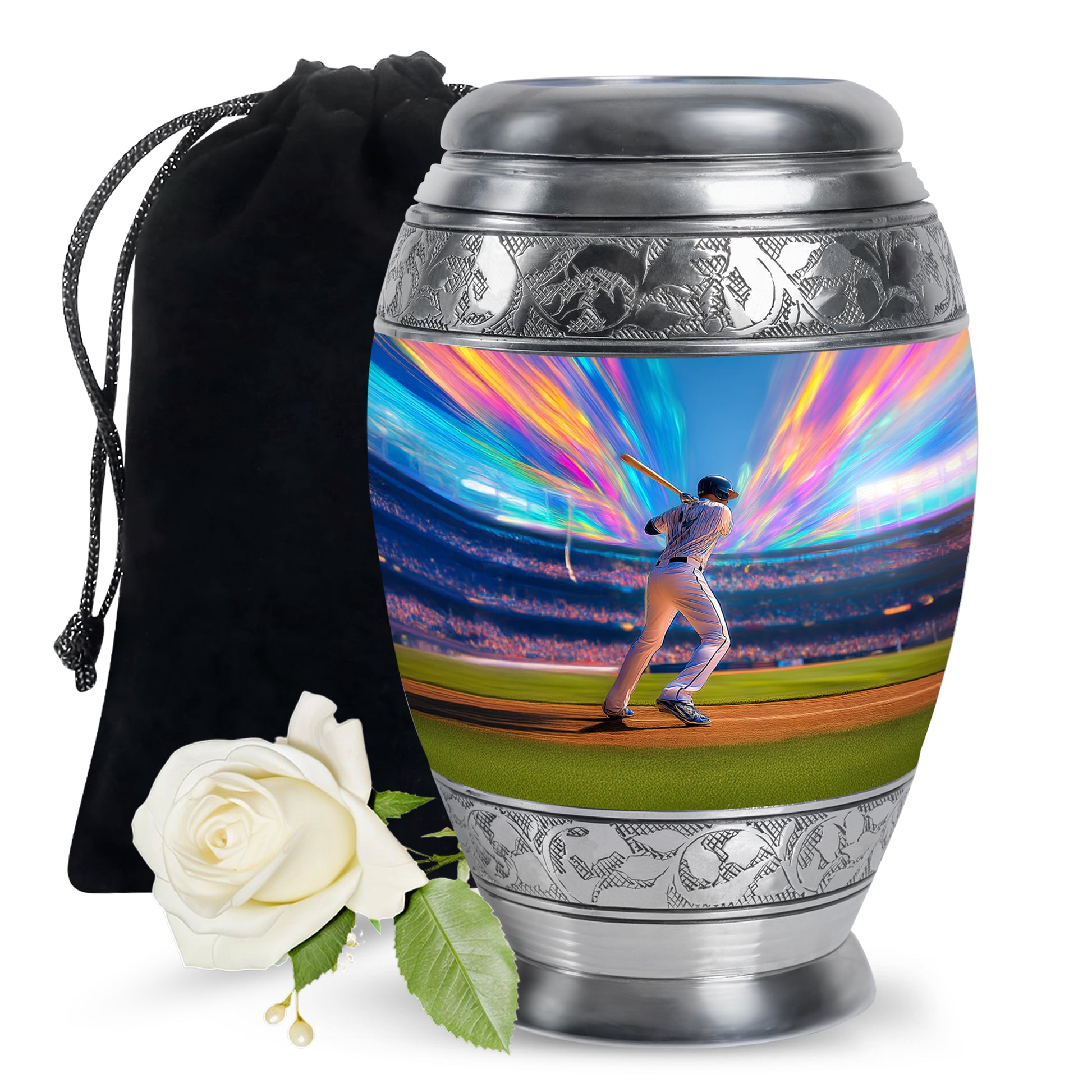 Indigo Baseball Cremation Urn back view with polished surface - regal baseball design with crown-inspired accents - full-size 10 inch 200 cubic inch adult cremation urn