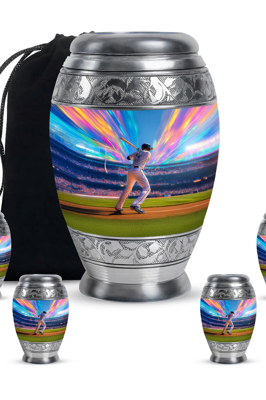 Icy Blue Baseball Cremation Urn detail view - ornate monarch-style baseball relief on brushed aluminum - memorial set with one large and four small urns