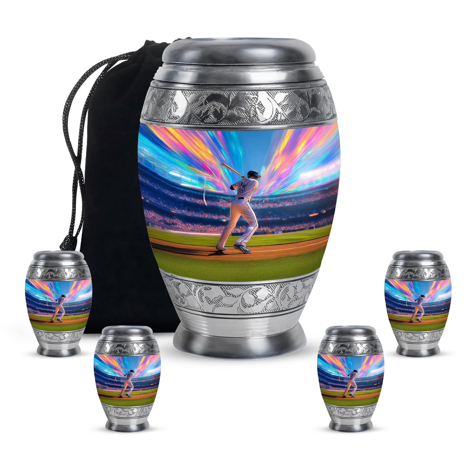 Icy Blue Baseball Cremation Urn detail view - ornate monarch-style baseball relief on brushed aluminum - memorial set with one large and four small urns
