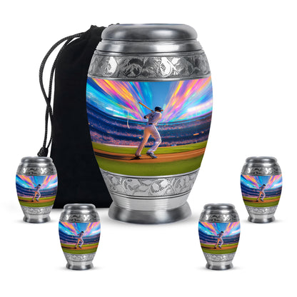 Icy Blue Baseball Cremation Urn detail view - ornate monarch-style baseball relief on brushed aluminum - memorial set with one large and four small urns