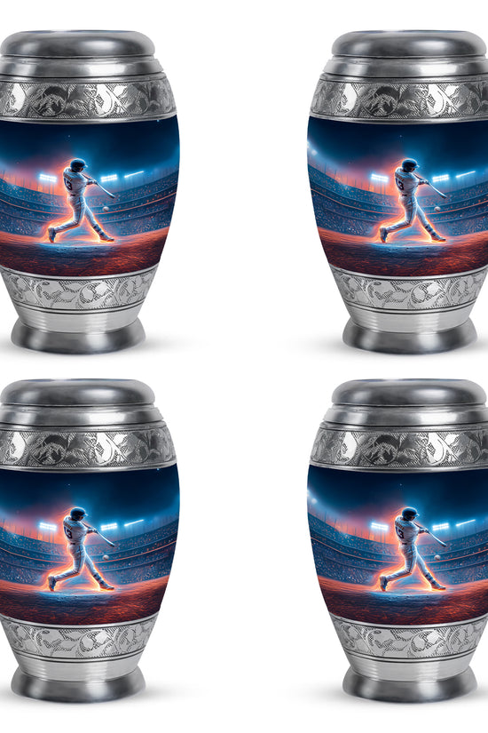 Sapphire Blue Baseball Cremation Urn urn with complimentary velvet bag - majestic baseball pattern with filigree border - 10 inch aluminum urn for cremated remains