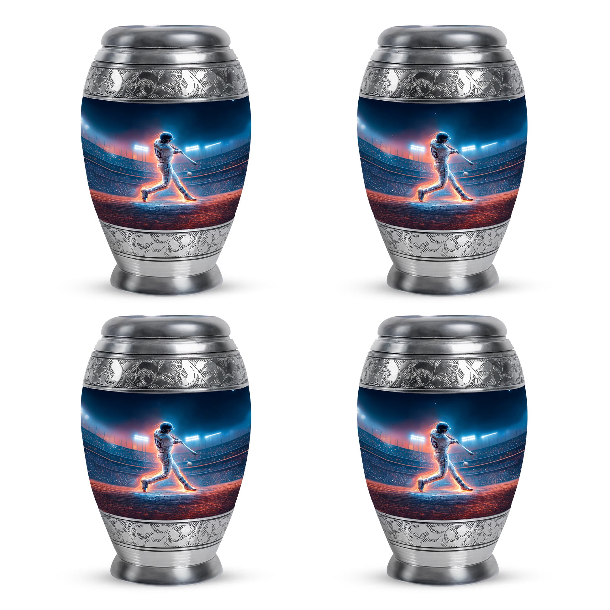 Sapphire Blue Baseball Cremation Urn urn with complimentary velvet bag - majestic baseball pattern with filigree border - 10 inch aluminum urn for cremated remains
