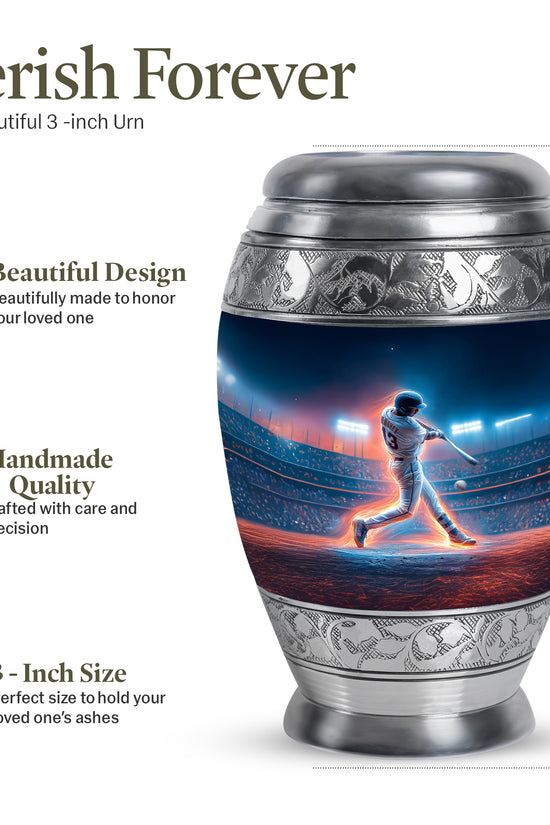 Sapphire Blue Baseball Cremation Urn lifestyle display on memorial shelf - royal baseball engraving with decorative scrollwork - mini keepsake memorial for portion of cremation ashes