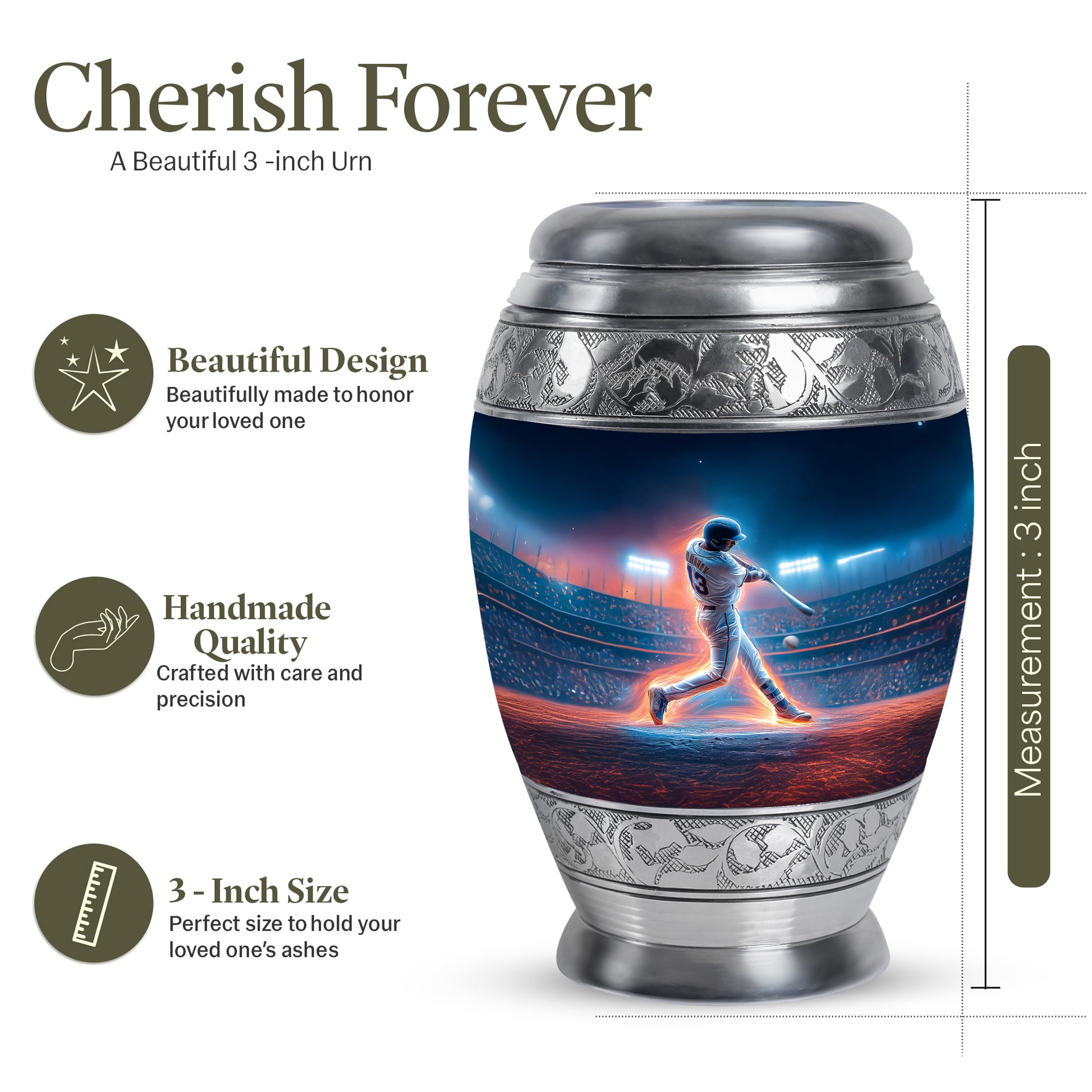 Sapphire Blue Baseball Cremation Urn lifestyle display on memorial shelf - royal baseball engraving with decorative scrollwork - mini keepsake memorial for portion of cremation ashes
