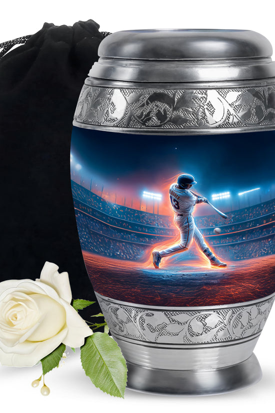 Steel Blue Baseball Cremation Urn back view with polished surface - royal baseball engraving with decorative scrollwork - full-size 10 inch 200 cubic inch adult cremation urn