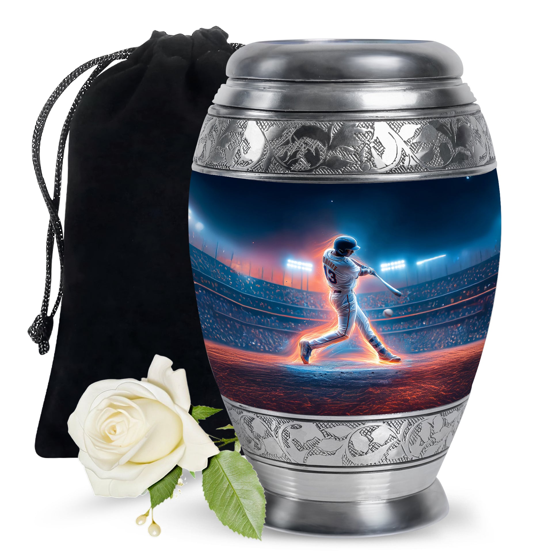 Steel Blue Baseball Cremation Urn back view with polished surface - royal baseball engraving with decorative scrollwork - full-size 10 inch 200 cubic inch adult cremation urn