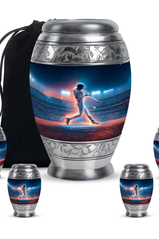 Dusty Blue Baseball Cremation Urn detail view - ornate monarch-style baseball relief on brushed aluminum - memorial set with one large and four small urns