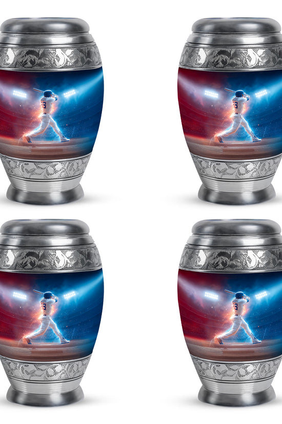 Calming Blue Baseball Cremation Urn urn with complimentary velvet bag - majestic baseball pattern with filigree border - 10 inch aluminum urn for cremated remains