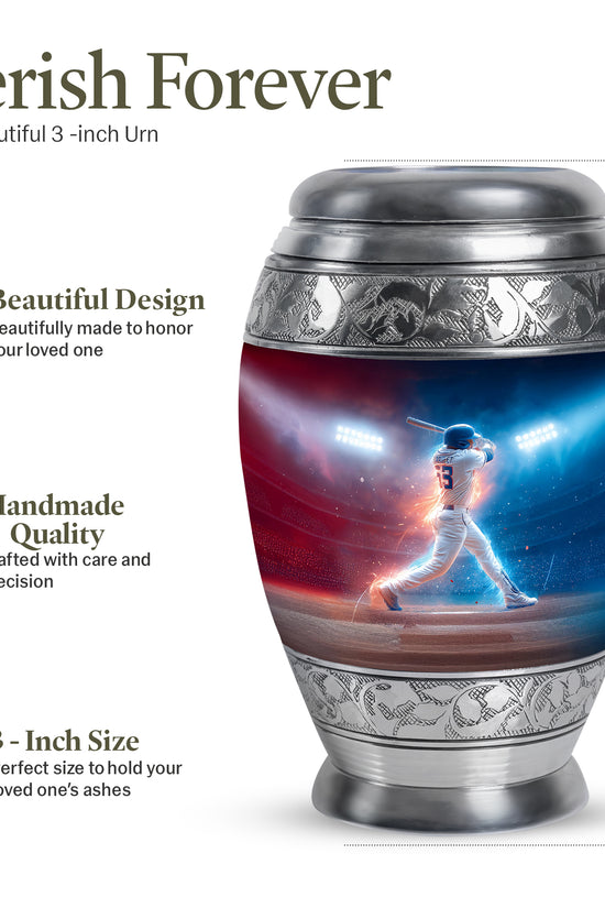 Sky Blue Baseball Cremation Urn lifestyle display on memorial shelf - regal baseball design with crown-inspired accents - mini keepsake memorial for portion of cremation ashes
