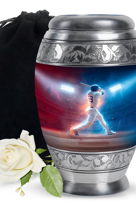 Azure Baseball Cremation Urn back view with polished surface - ornate monarch-style baseball relief on brushed aluminum - full-size 10 inch 200 cubic inch adult cremation urn