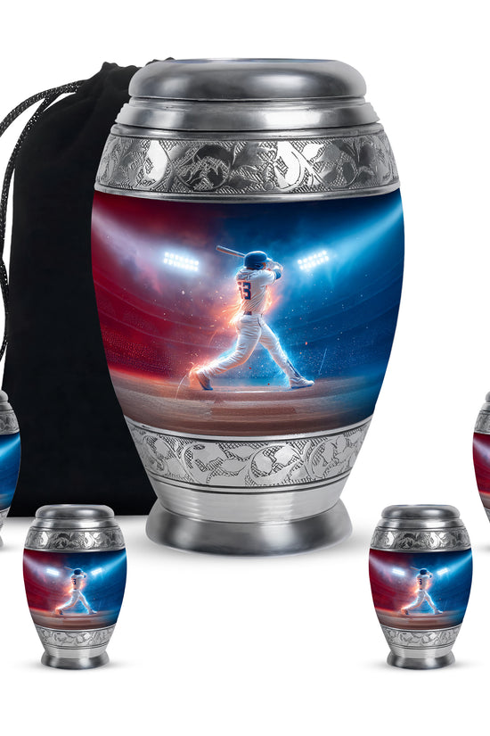 Navy Blue Baseball Cremation Urn detail view - ornate monarch-style baseball relief on brushed aluminum - memorial set with one large and four small urns