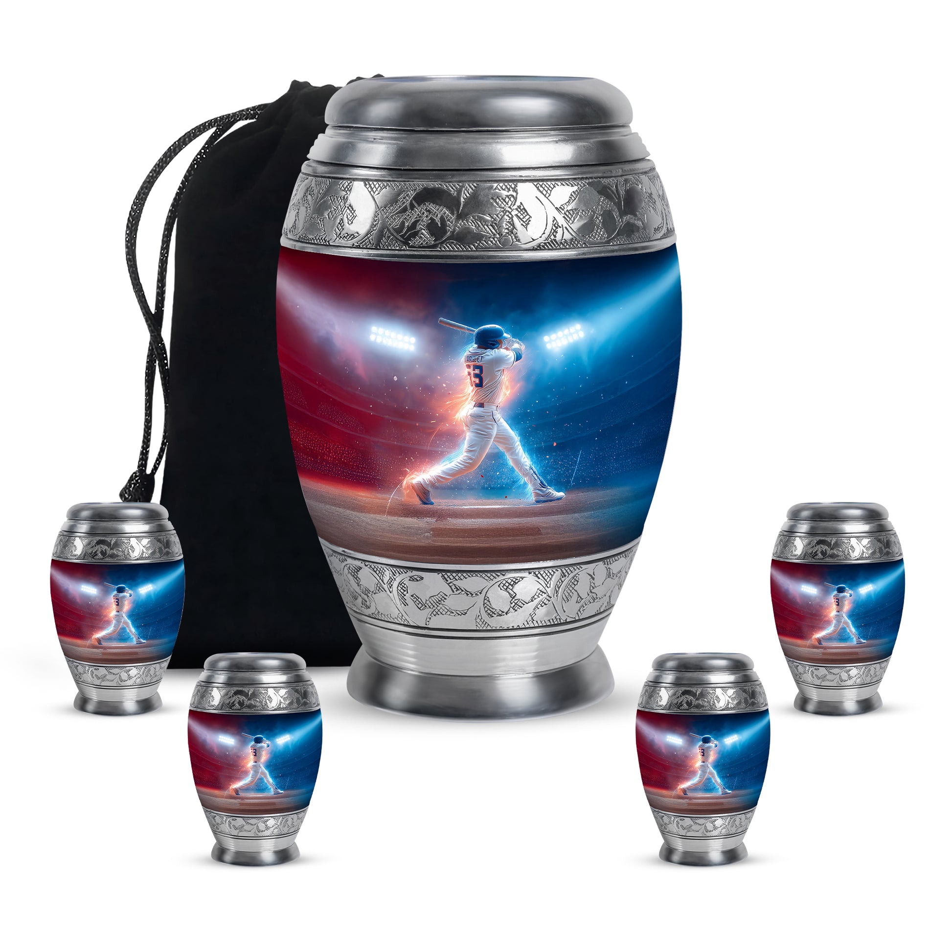 Navy Blue Baseball Cremation Urn detail view - ornate monarch-style baseball relief on brushed aluminum - memorial set with one large and four small urns