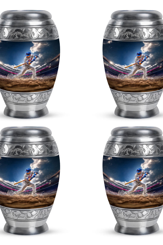 Pastel Blue Baseball Cremation Urn urn with complimentary velvet bag - regal baseball design with crown-inspired accents - 10 inch aluminum urn for cremated remains