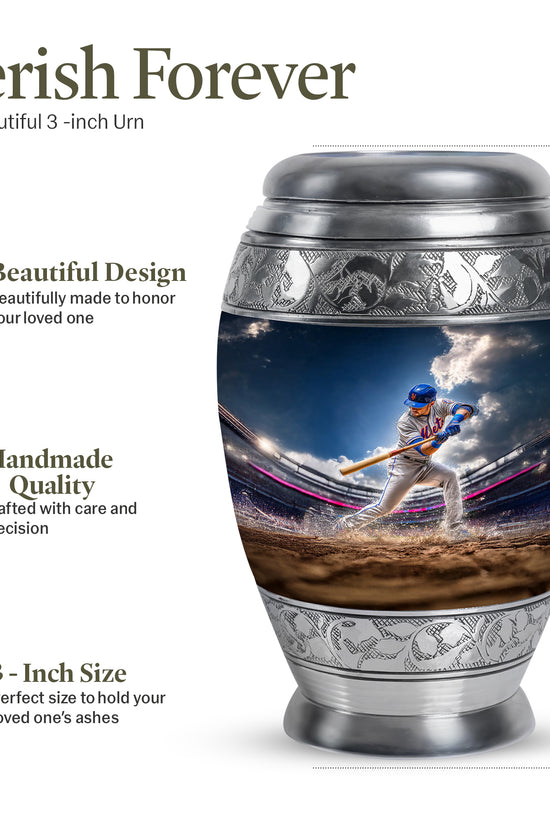 Dusty Blue Baseball Cremation Urn lifestyle display on memorial shelf - regal baseball design with crown-inspired accents - mini keepsake memorial for portion of cremation ashes