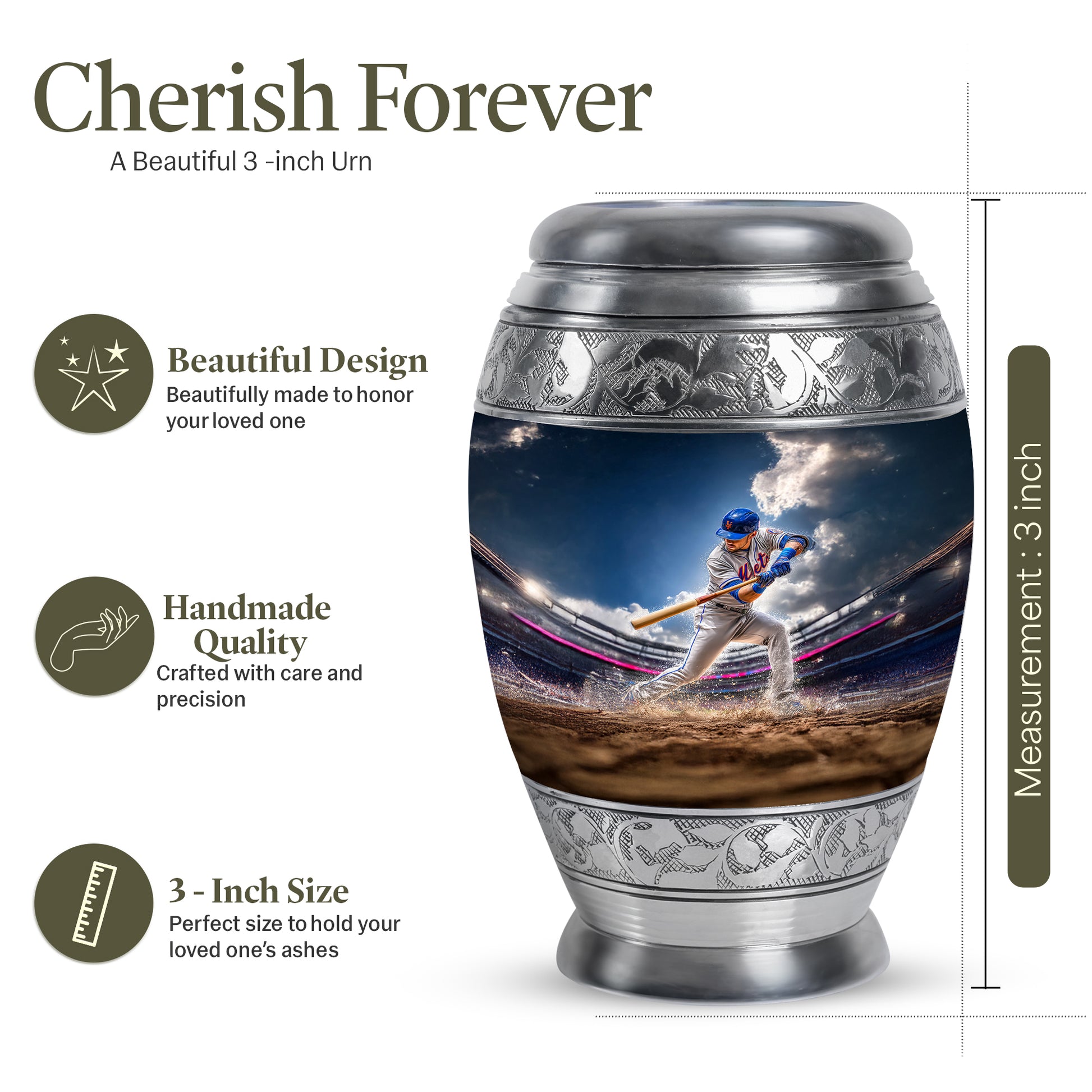 Dusty Blue Baseball Cremation Urn lifestyle display on memorial shelf - regal baseball design with crown-inspired accents - mini keepsake memorial for portion of cremation ashes