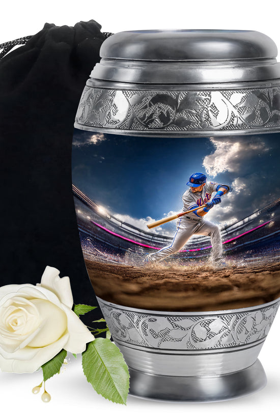 Steel Blue Baseball Cremation Urn back view with polished surface - majestic baseball pattern with filigree border - full-size 10 inch 200 cubic inch adult cremation urn