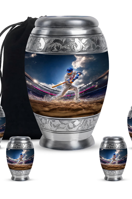 Cornflower Blue Baseball Cremation Urn detail view - royal baseball engraving with decorative scrollwork - memorial set with one large and four small urns