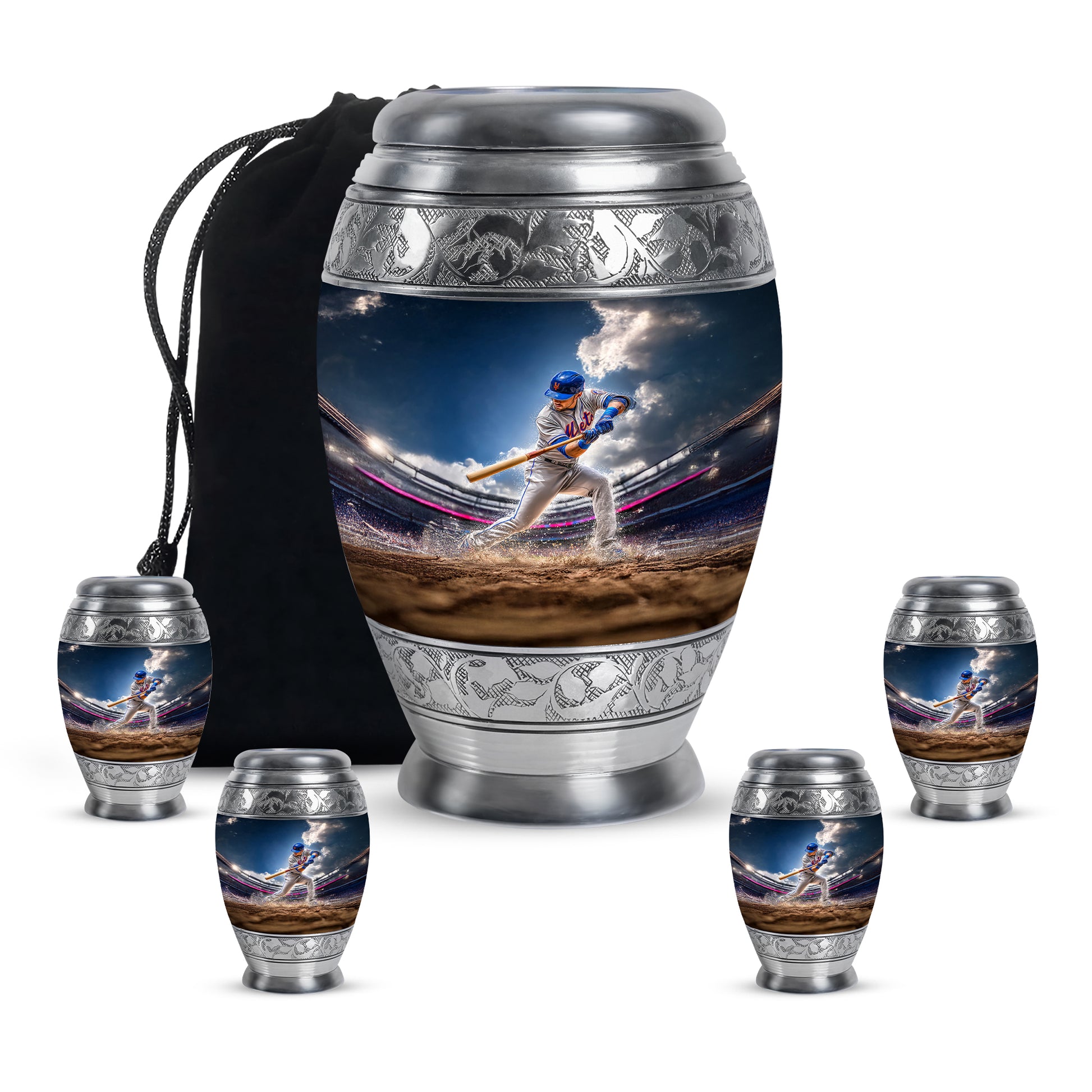 Cornflower Blue Baseball Cremation Urn detail view - royal baseball engraving with decorative scrollwork - memorial set with one large and four small urns