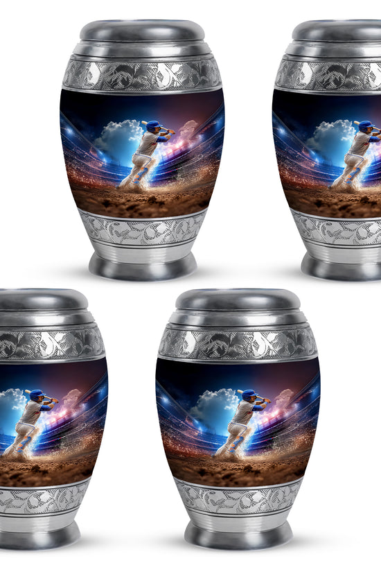Icy Blue Baseball Cremation Urn urn with complimentary velvet bag - ornate monarch-style baseball relief on brushed aluminum - 10 inch aluminum urn for cremated remains