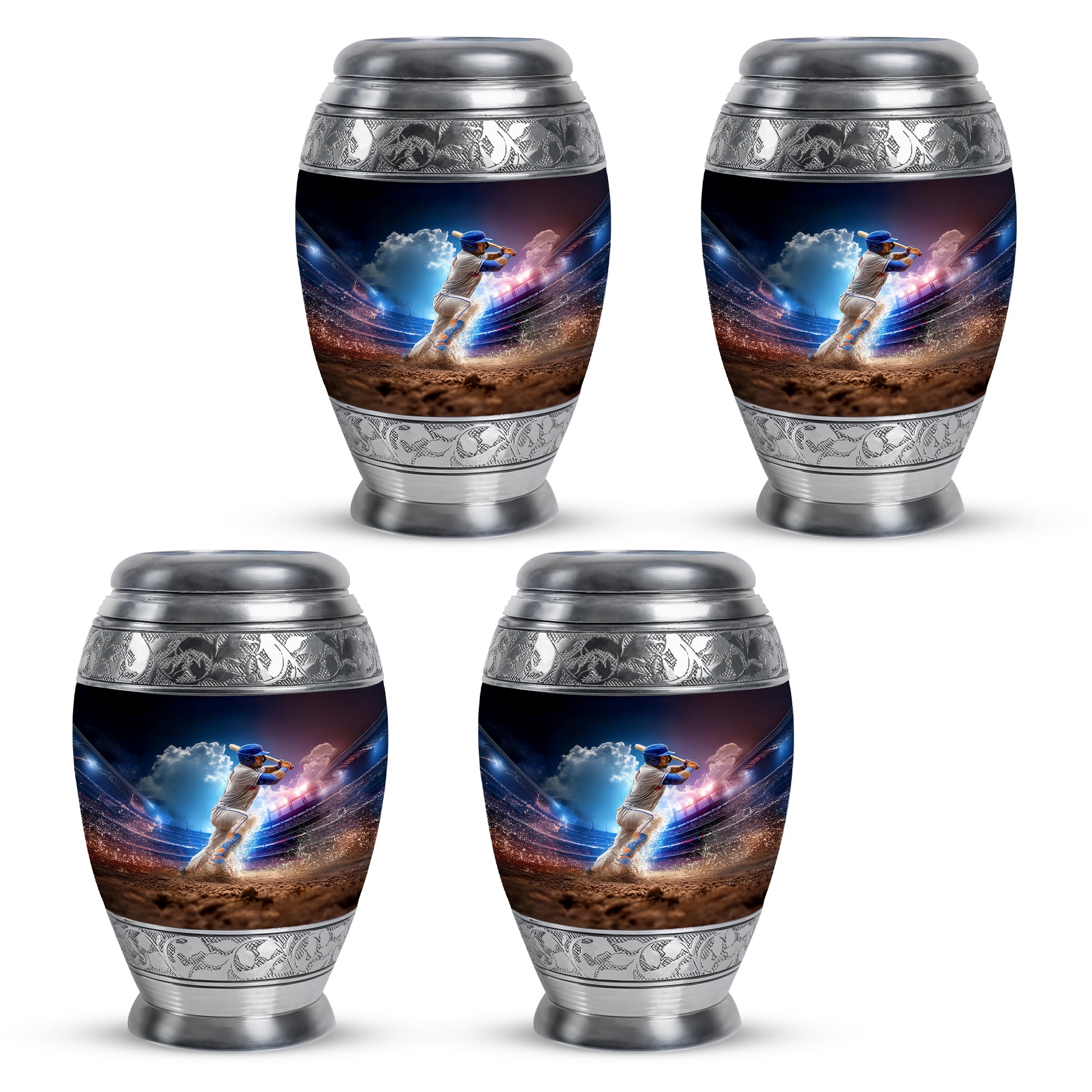 Icy Blue Baseball Cremation Urn urn with complimentary velvet bag - ornate monarch-style baseball relief on brushed aluminum - 10 inch aluminum urn for cremated remains