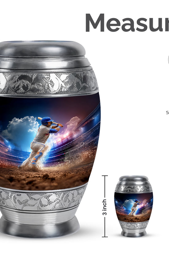Pastel Blue Baseball Cremation Urn lifestyle display on memorial shelf - ornate monarch-style baseball relief on brushed aluminum - mini keepsake memorial for portion of cremation ashes