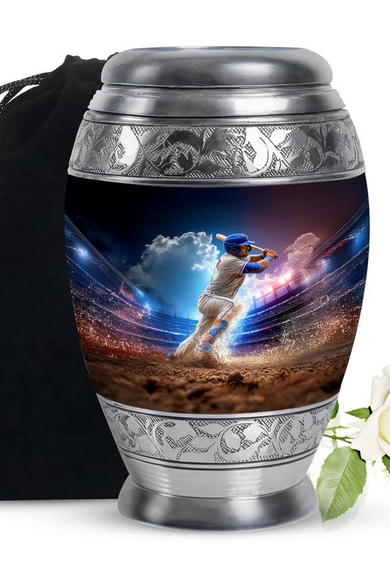 Vivid Blue Baseball Cremation Urn back view with polished surface - majestic baseball pattern with filigree border - full-size 10 inch 200 cubic inch adult cremation urn
